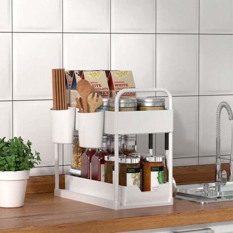 Étagère à épices coulissante multifonctionnelle à 2 niveaux avec crochets pour cuisine/salle de bain - Blanc