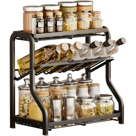 Étagère à Épices Cuisine 3 Niveaux avec Support à Bouteilles d'Huile, Organisateur de Condiments de Comptoir, Noir