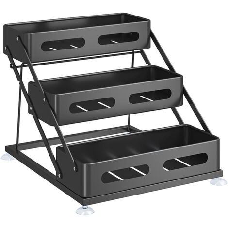 Étagère à Épices Cuisine 3 Niveaux Hauteur Réglable, Organisateur de Condiments de Comptoir avec Ventouses, Noir