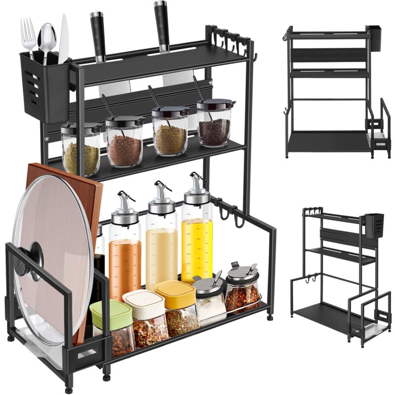 Aqrau - Küchengewürzregal, Gewürzhalter aus Metall, 3-stöckiges Gewürzregal, für Arbeitsplatte - mit Utensilienhalter - Schneidebrett-Halter - mit 6