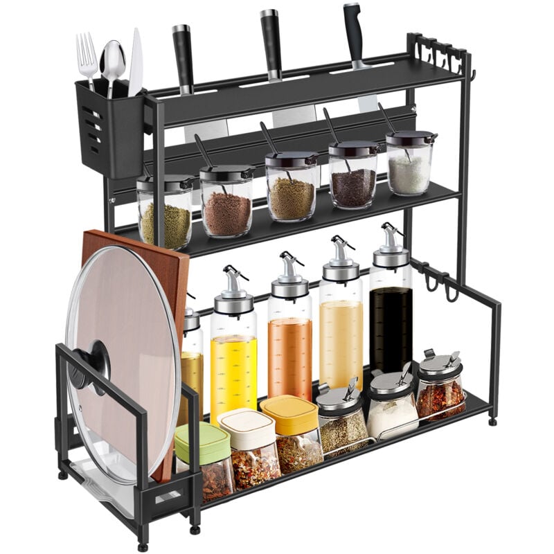 Aqrau - Küchengewürzregal, Gewürzhalter aus Metall, 3-stöckiges Gewürzregal, für Arbeitsplatte - mit Utensilienhalter - Schneidebrett-Halter - mit 6