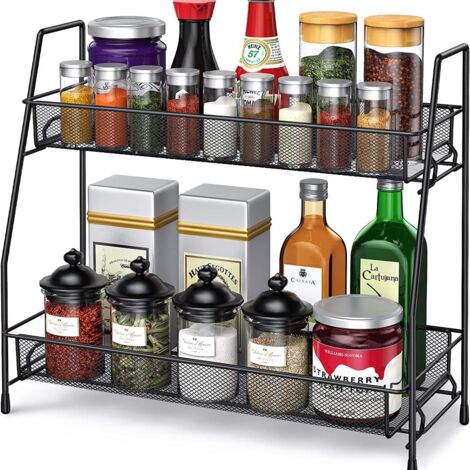 Étagère à Épices Cuisine, Porte-Épices en Métal, Rangement Epices Cuisine pour Comptoir,Étagère de Rangement 2 Niveaux,Noir