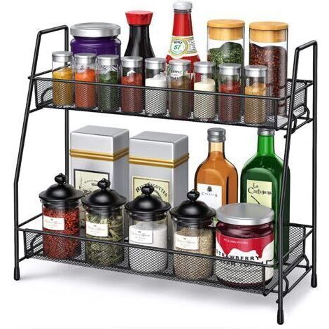 Étagère à Épices Cuisine, Porte-Épices en Métal, Rangement Epices Cuisine pour Comptoir,Étagère de Rangement 2 Niveaux,Noir