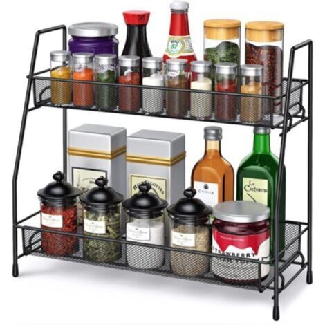 Étagère à Épices Cuisine, Porte-Épices en Métal, Rangement Epices Cuisine pour Comptoir,Étagère de Rangement 2 Niveaux,Noir