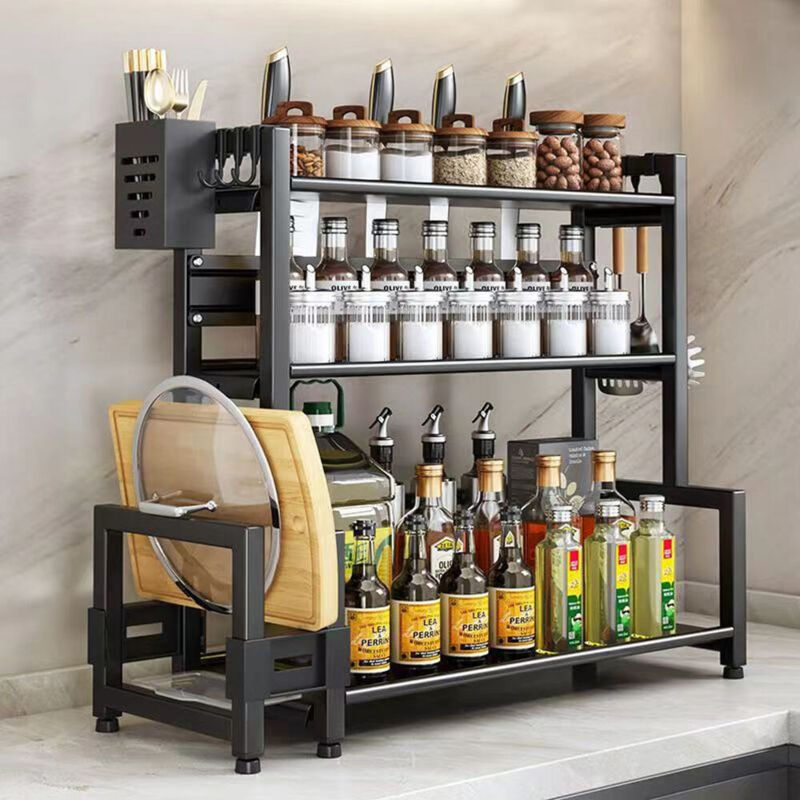 Étagère à épices debout à 3 étages, Grande capacité Etagere rangement cuisine en métal Pour plan de travail - Avec porte-ustensiles - Support de