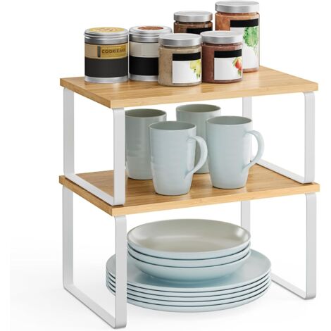 Étagère à Épices, Lot de 2, Organisateur de Placard, Étagère de Rangement de Cuisine Extensible, Porte-épices Empilable, Métal, Bois d’Ingénierie, Blanc Nuage et Beige Naturel