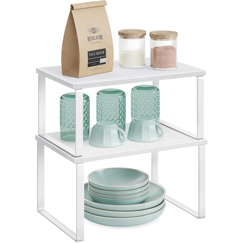 Étagère à Épices, Lot de 2, Organisateur de Placard, Étagère de Rangement de Cuisine Extensible, Porte-épices Empilable, Métal, Bois d’Ingénierie,