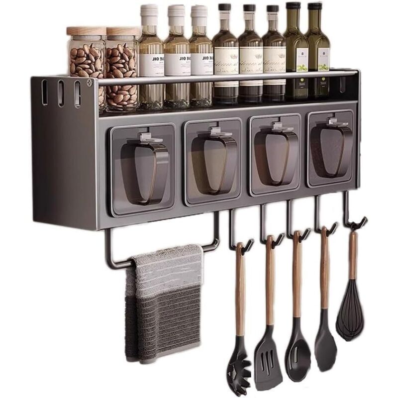 Étagère à épices murale en acier inoxydable avec crochets – Étagère suspendue au-dessus de la cuisinière, organiseur d'ustensiles de cuisine pour