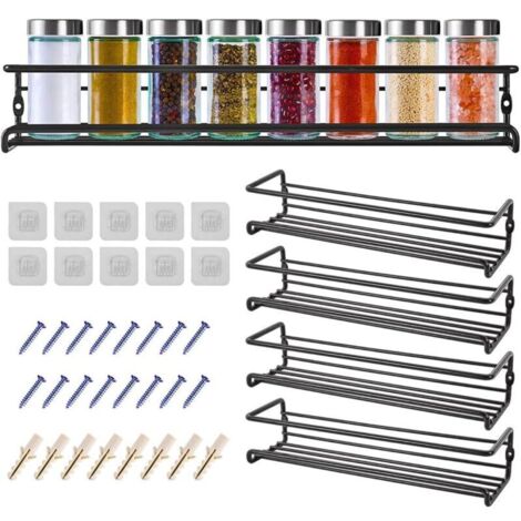 Etagere a Epices Murale Metal, 4 PCS Rangement Epices Cuisine Mural-Approximativement 29×8×6cm, L'ensemble de Etagere Epices Cuisine Mural-Noire Porte Epices Cuisine Mural - RWEtagère à épice