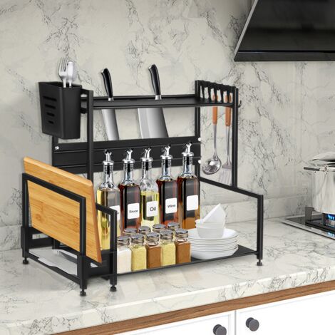 Étagère à épices Noir 2 niveaux Porte-épices en métal Étagère de cuisine pour Cuisine, Salle de Bain, Comptoir