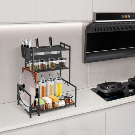 Étagère à épices Noir 3 niveaux Porte-épices en métal Étagère de cuisine pour Cuisine, Salle de Bain, Comptoir