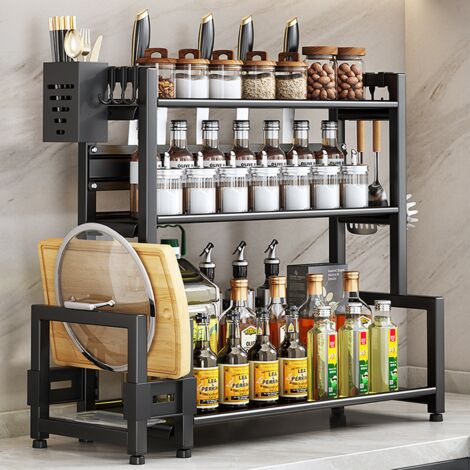 Étagère à épices Noir 3 niveaux Porte-épices en métal Étagère de cuisine pour Cuisine, Salle de Bain, Comptoir