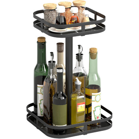 Étagère à épices rotative 2 niveaux ventouses métal noir, accessoire organisation cuisine compacte