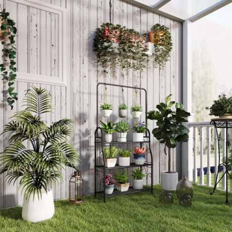 Étagère à fleurs 3 niveaux support de plantes pour l'intérieur et l'extérieur en métal 3 crochets 75 x 25 x 137 cm noir