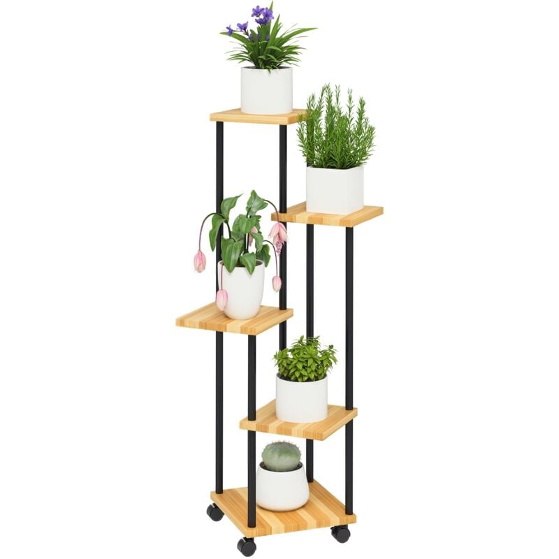 Etagère à fleurs 5 niveaux - 4 roulettes, 2 freins - acier époxy noir bois verni