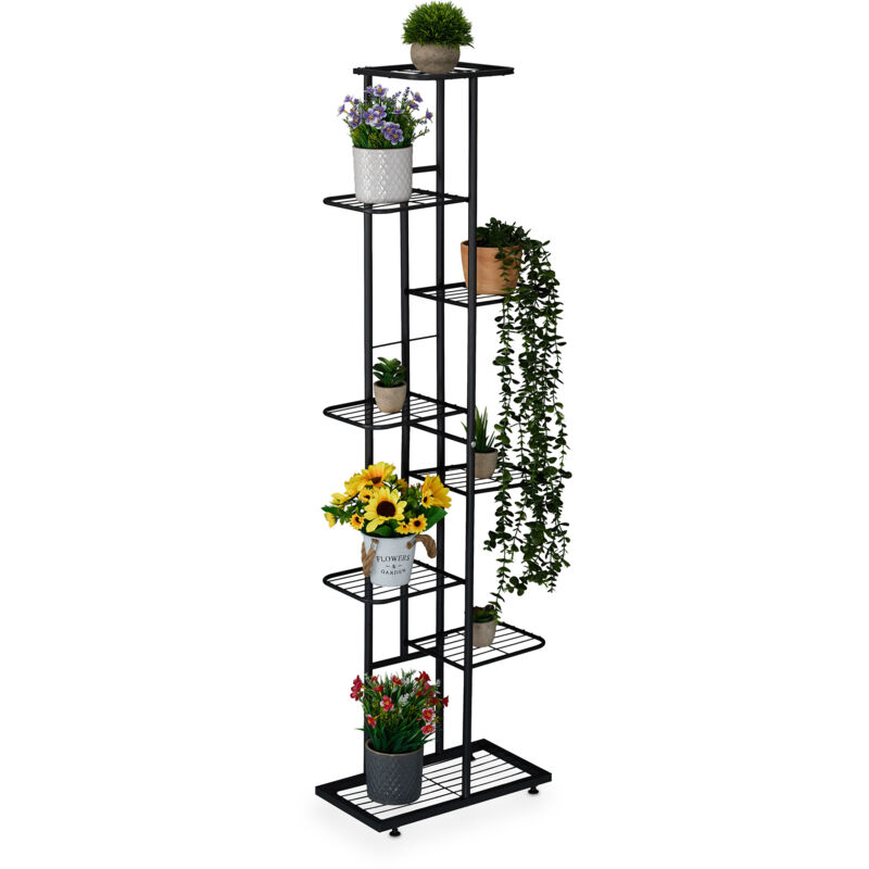 Tagère à plantes, 8 niveaux spacieux, pour 9 pots, métallique, h x l x p : 142 x 45 x 22 cm, noire - Relaxdays