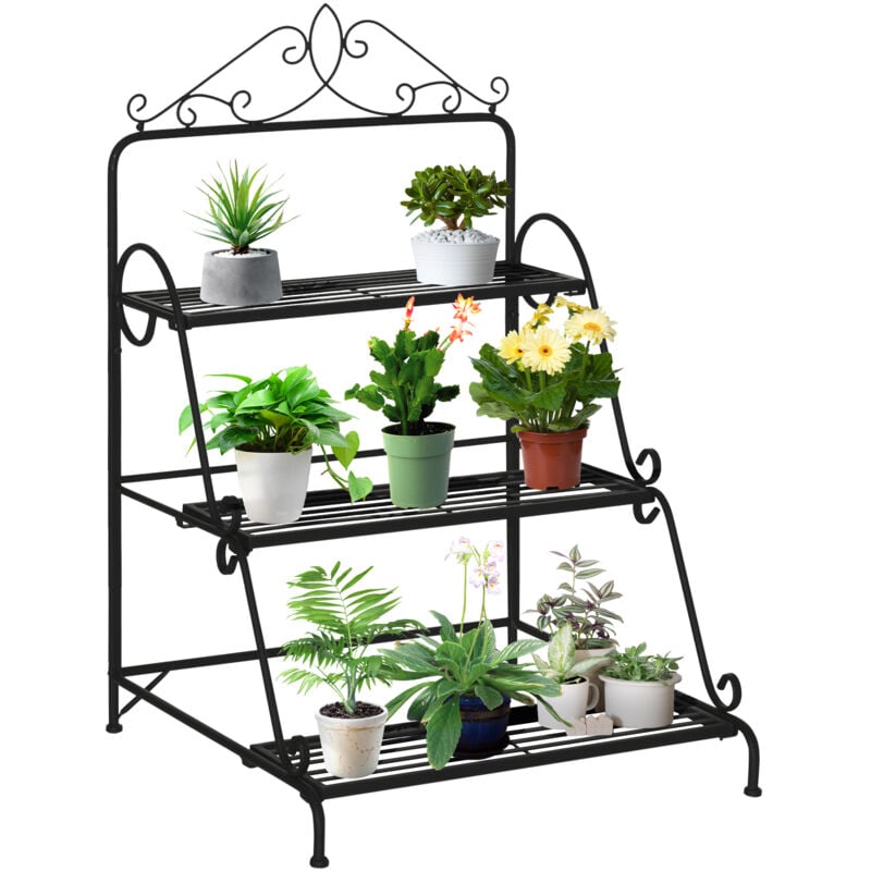 Support pour plantes présentoir avec étagères en métal 3 niveaux forme escalier intérieur/extérieur dim. 60,5L x 59,5l x 95,5H cm noir