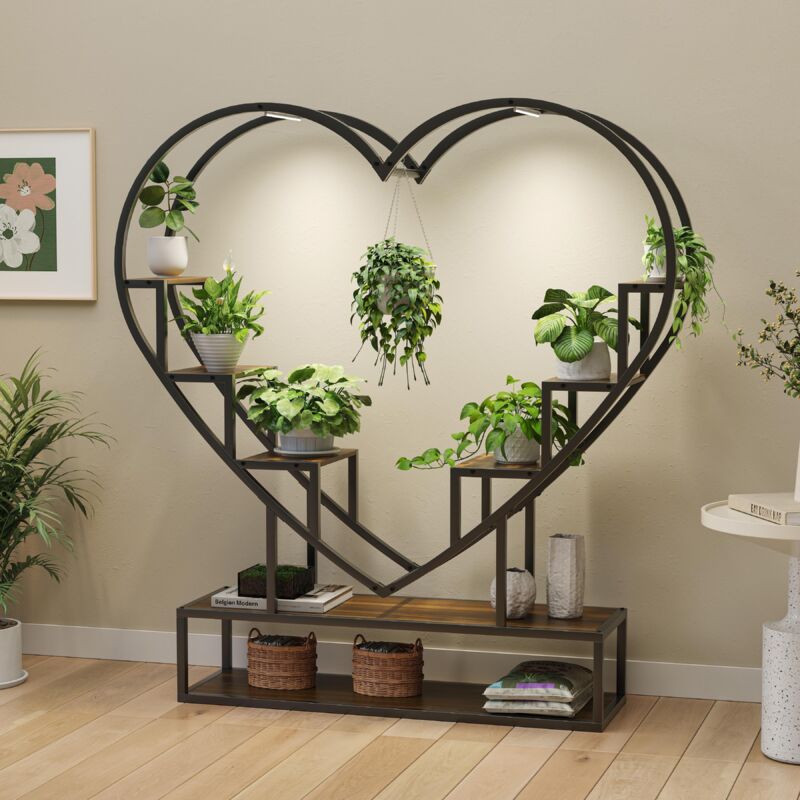 Étagère à Fleurs avec LED – 5 Niveaux en Fer Forgé, Style Escalier, pour Maison Jardin Balcon Terrasse, Noir