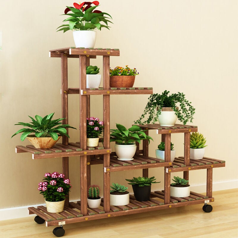 Tagère à Fleurs en Bois Porte Pots de Plante Fleurs avec 7 Tablettes Support à Roulettes pour intérieur et Balcon 95 x 93 x 25 cm