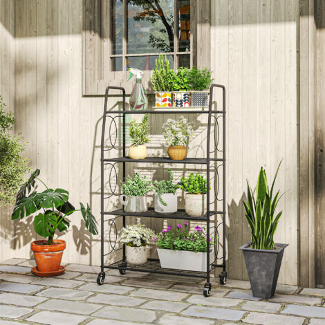 Étagère à Fleurs en métal 4 Niveaux avec roues Intérieur et Extérieur, support de plantes 67 x 29 x 114 cm Noir