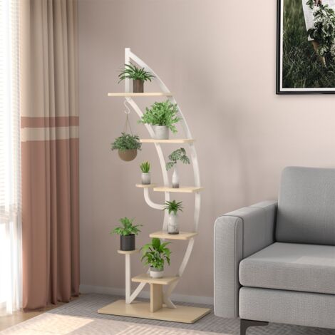 Étagère à Fleurs en Métal à 7 Niveaux Porte Plantes en Forme de Demi-lune avec Dispositif Anti-renversement 60 x 30 x 155 CM Blanc Maison Chic