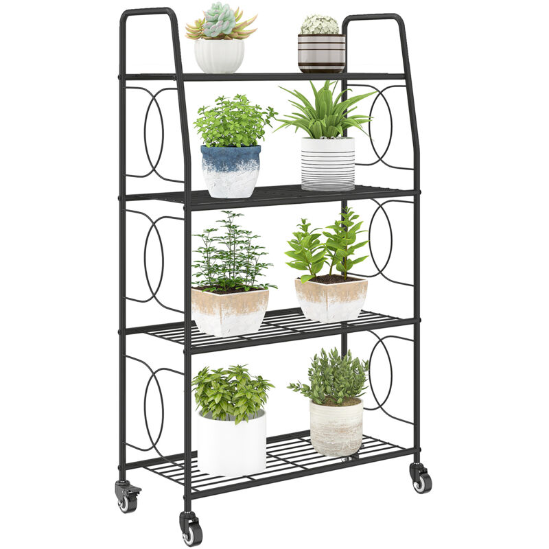 Étagère à Fleurs - Outsunny - en métal - 4 Niveaux - avec roues - Intérieur et Extérieur - 67 x 29 x 114 cm - Noir
