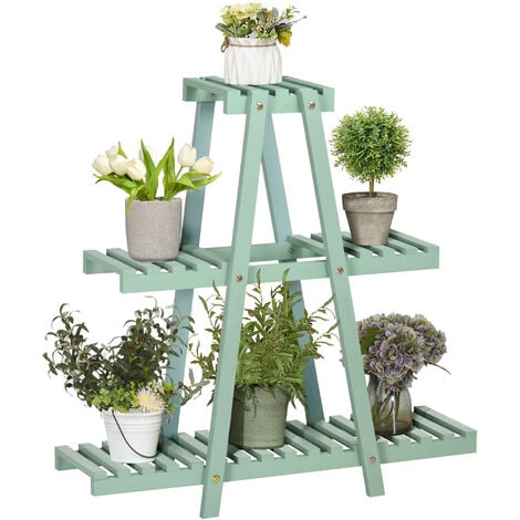 Étagère à fleurs pyramidale en bois - porte plante bois 3 étagères - dim. 76L x 26l x 76H cm - sapin vert d'eau