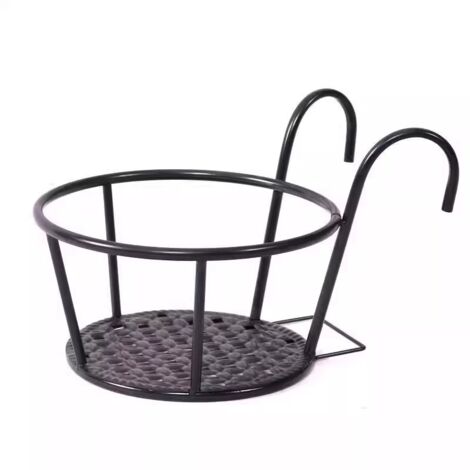 Étagère à fleurs suspendue en fer forgé pour balcon, support pour pots de fleurs à fixer sur la rambarde, support de rangement pour plantes grasses et pothos, fond en maille fine, noir.