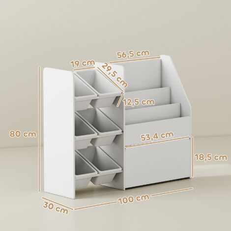 Étagère à jouets, étagère pour chambre d'enfant avec 6 compartiments, étagère à livres, boîte à roulettes, 100 x 30 x 80 cm, MDF, acier, blanc