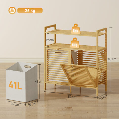 Étagère à linge avec 2 paniers à linge, étagère autoportante en bambou pour salle de bain ou buanderie, bois naturel et blanc crème