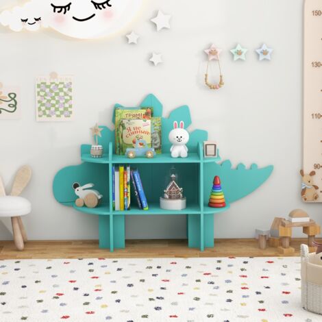 Étagère à Livres à 2 Niveaux en Forme Dinosaure avec 6 Étagères Ouvertes Bibliothèque avec Dispositif Anti-Basculement pour 3-12 Ans Vert Maison Chic