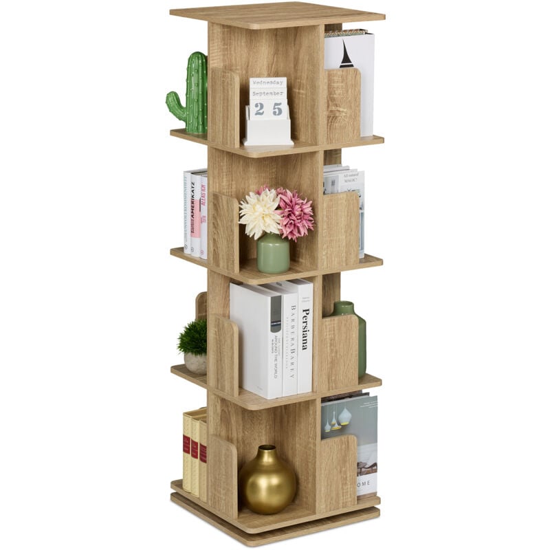 Petite bibliothèque rotative à 360°, 4 niveaux, pour vos livres et cd, hlp : 125,5x39x39 cm, nature - Relaxdays