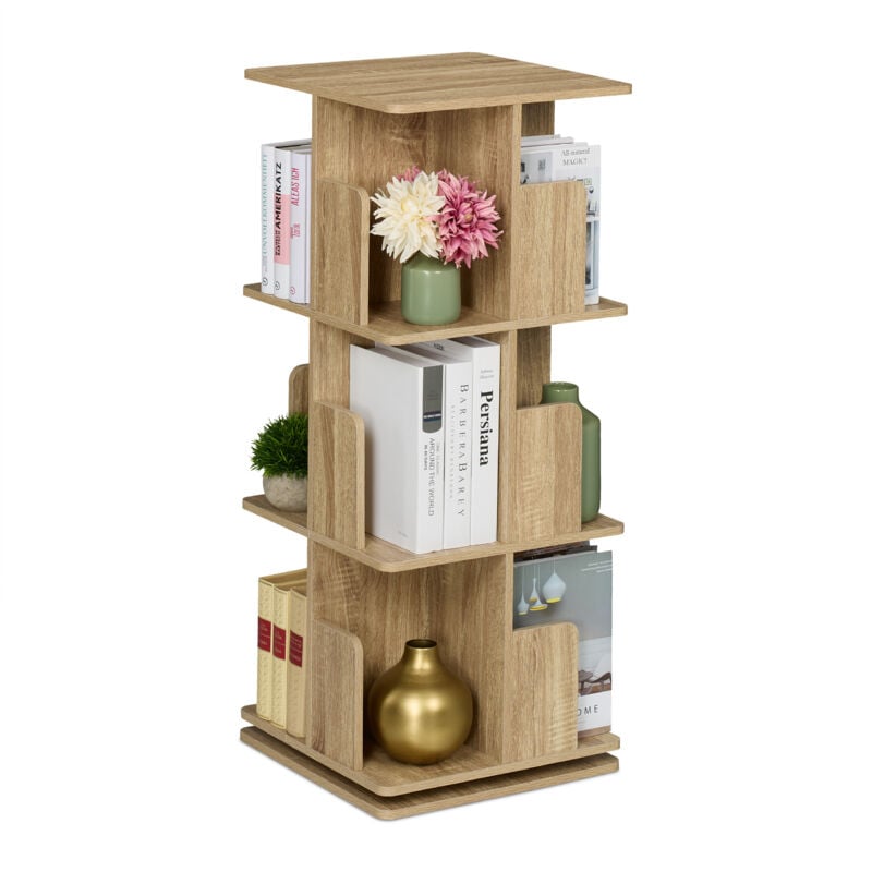 Petite bibliothèque rotative à 360°, 3 niveaux, pour vos livres et cd, hlp : 95x39x39 cm, nature - Relaxdays