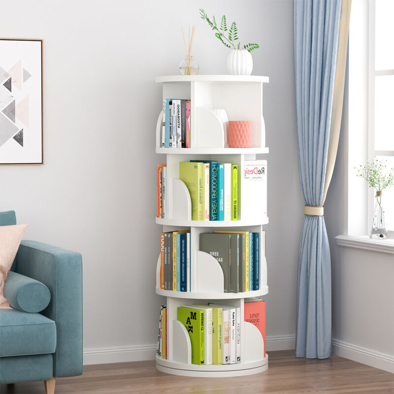 Etagère à Livres rotative, rotative à 360°, étagère de rangement au sol avec cloison pour chambre à coucher, salon, étude, bureau, blanc - 4 niveaux