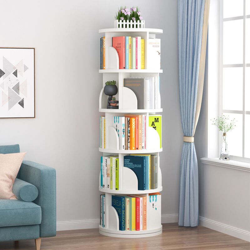 Etagère à Livres rotative, rotative à 360°, étagère de rangement au sol avec cloison pour chambre à coucher, salon, étude, bureau, blanc - 5 niveaux