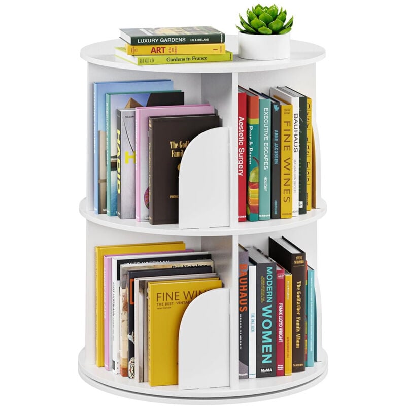 Etagère à Livres rotative, rotative à 360°, étagère de rangement au sol avec cloison pour chambre à coucher, salon, étude, bureau, blanc - 2 niveaux