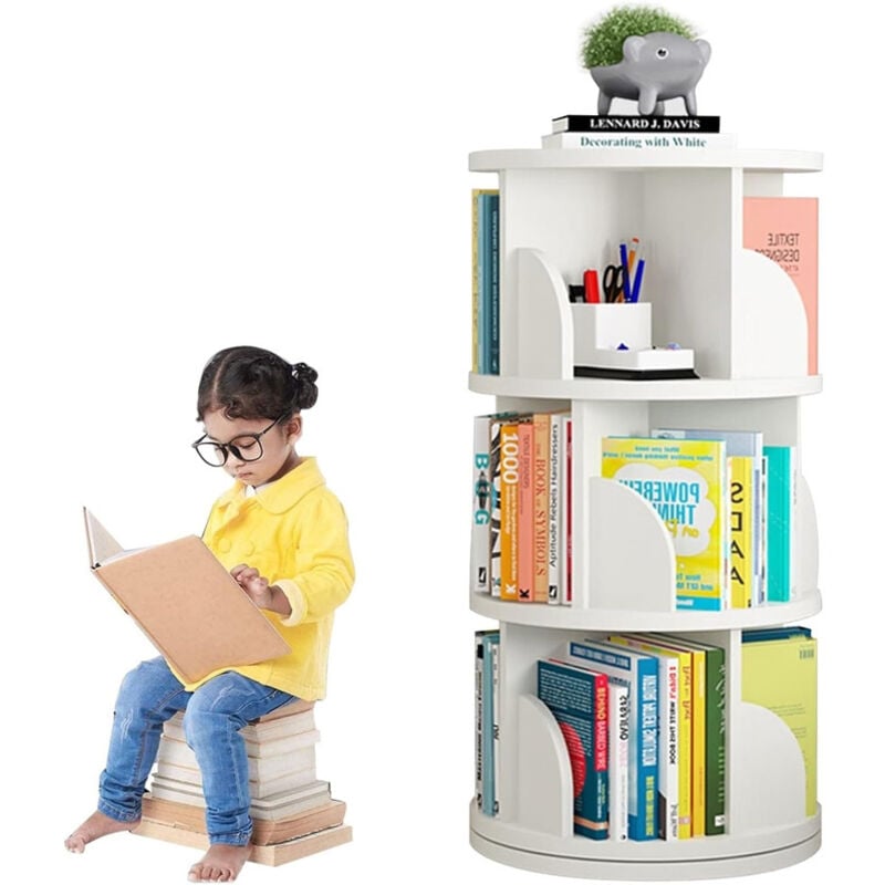 Etagère à Livres rotative, rotative à 360°, étagère de rangement au sol avec cloison pour chambre à coucher, salon, étude, bureau, blanc - 3 niveaux