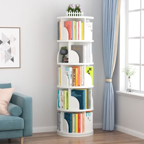 Etagère à Livres rotative, rotative à 360°, étagère de rangement au sol avec cloison pour chambre à coucher, salon, étude, bureau, blanc - 5 niveaux