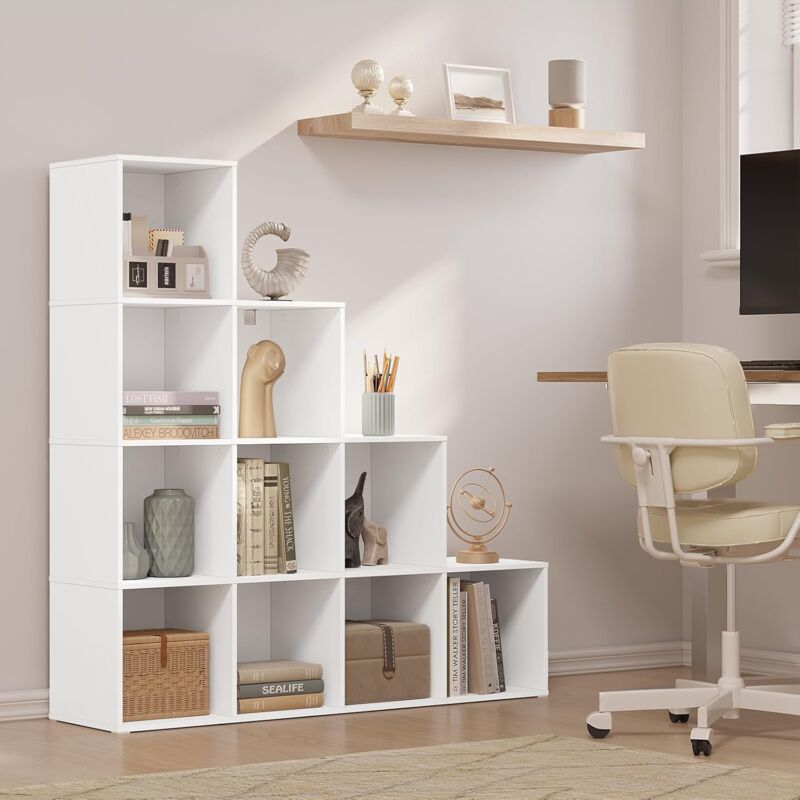 Woltu - tagère à Livres Étagère d'Escalier avec 10 Cubes, Étagère de Rangement, Bibliothèque en Bois d'Ingénierie, 120x30x120cm, Blanc