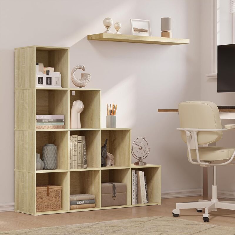 Étagère à Livres WOLTU, Étagère d'Escalier avec 10 Cubes, Étagère de Rangement, Bibliothèque en Bois d'Ingénierie, 120x30x120cm, Chêne Clair