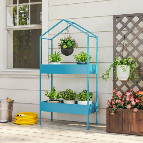 Étagère à Plantes 2 Niveaux, Support de Plantes en Métal avec Crochet, Porte-Pots en Forme de Maison, Bleu-Vert