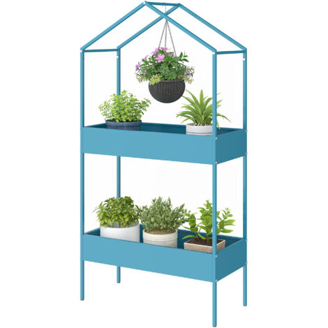 Étagère à Plantes 2 Niveaux, Support de Plantes en Métal avec Crochet, Porte-Pots en Forme de Maison, Bleu-Vert