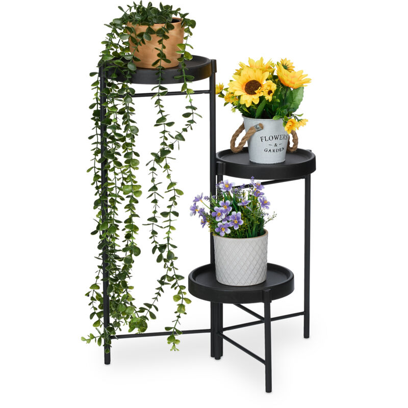Relaxdays Étagère à plantes, 3 tablettes rondes, pour vos trésors verts, H x L x P : 65 x 44 x 44 cm, noire