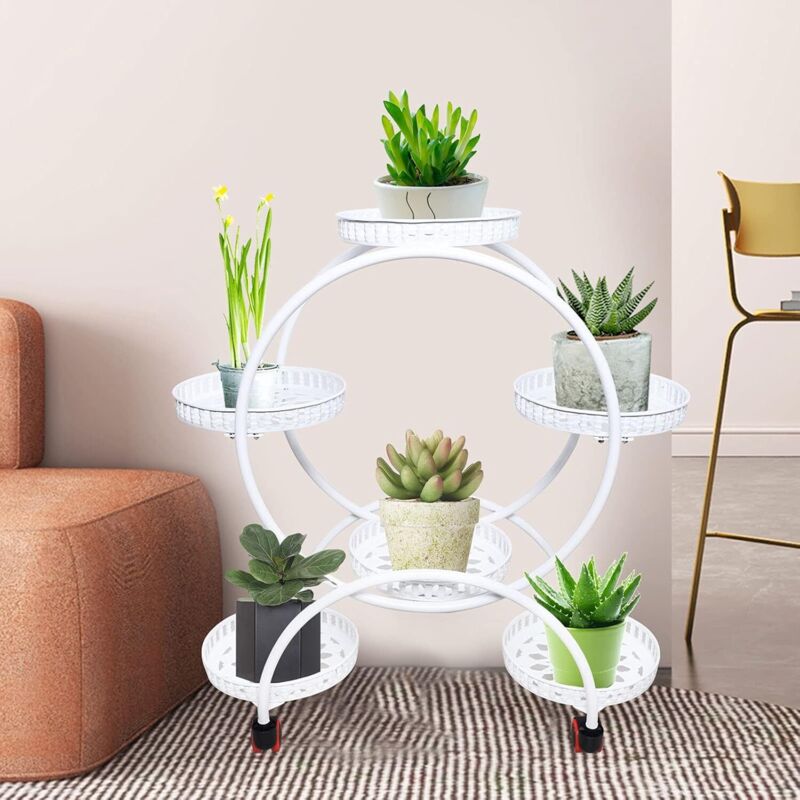 Étagère à plantes 4 couches, étagère de pot de fleurs en métal avec roues, support rond de conteneur de jardin lourd, affichage d'étagère de pot de