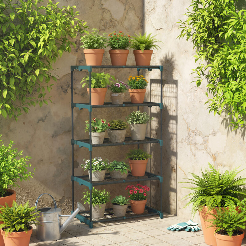 Étagère à plantes 5 étages de plantes, 138 cm de hauteur de plantes pour l'intérieur à l'extérieur, étagère de plantes en acier vert foncé