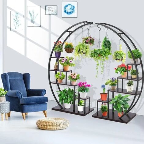 Étagère à plantes 5 niveaux – Support en métal et MDF – Capacité 22 pots – 6 crochets pour plantes suspendues – Dimensions 60x35x143,7 cm