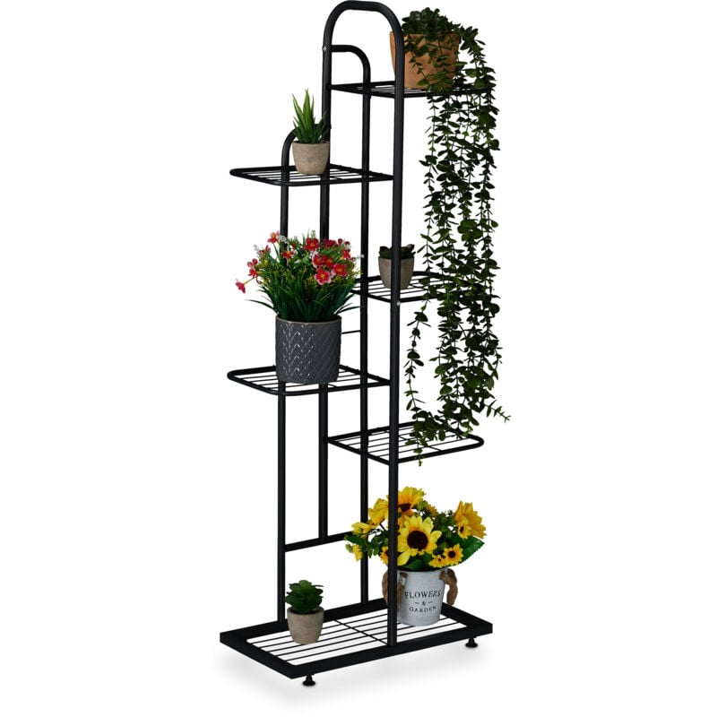 Tagère à plantes, 6 niveaux spacieux, pour 7 pots, métallique, h x l x p : 109,5 x 44 x 22 cm, noire - Relaxdays