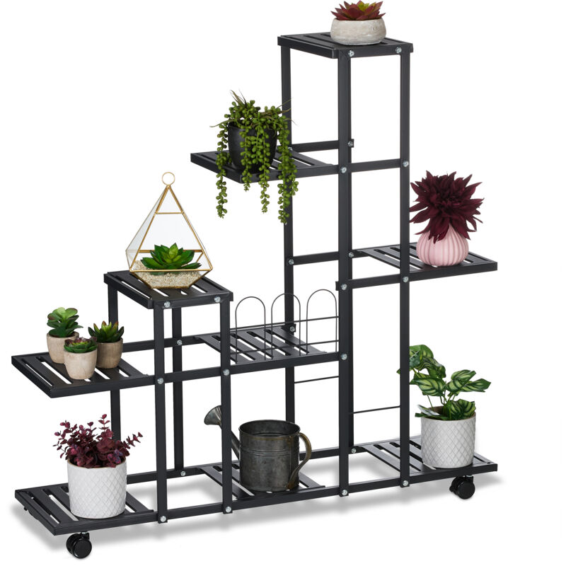 Tagère à plantes, avec roulettes, 9 emplacements, h x l x p : 91,5 x 93 x 26 cm, pour intérieur, noire - Relaxdays
