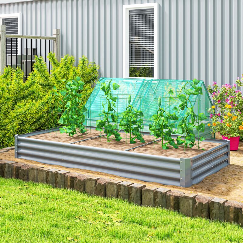 Étagère à plantes Carré potager rectangulaire, lit de jardin surélevé en acier galvanisé, fond ouvert, 240 x 120 x 30 cm, gris argenté