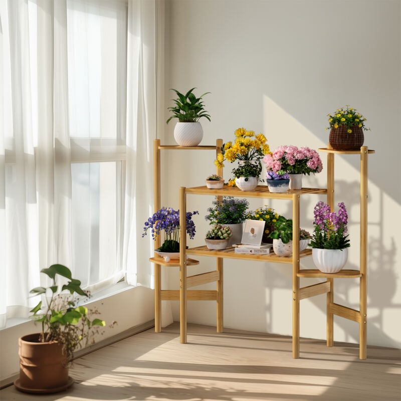 Tagère à Plantes en Bambou Intérieur, Porte Plante d'Angle à 3 Niveaux pour Plantes, 6 Tablettes Multifonction Support de Présentation